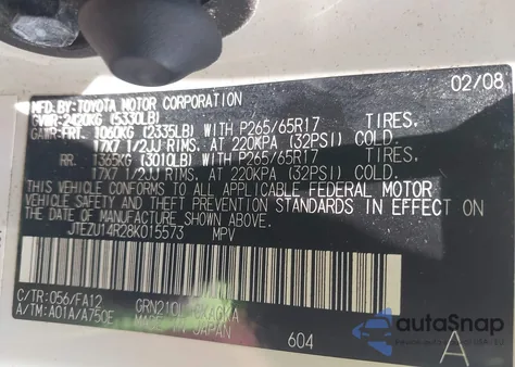 2008 Toyota 4Runner Sr5 V6 из США, поврежденный, VIN JTEZU14R28K015573